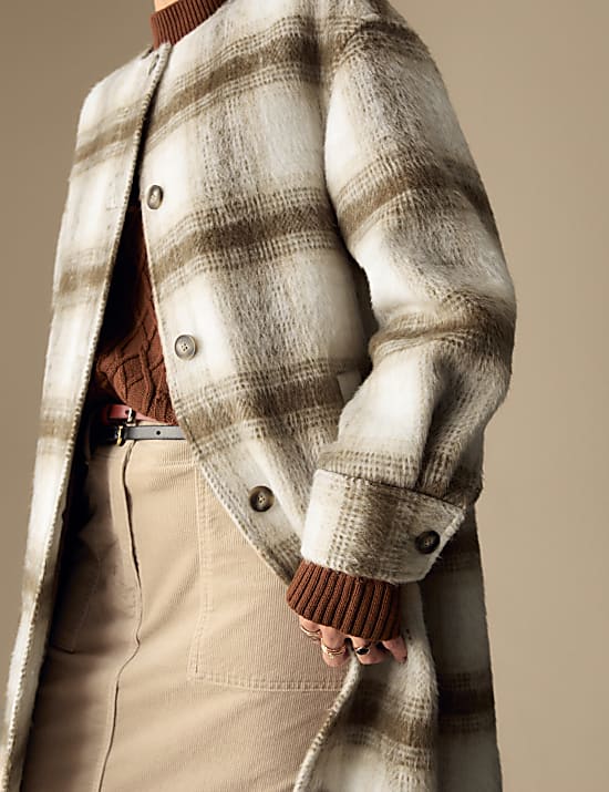 Checked Collarless Longline Shacket with Wool