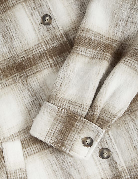 Checked Collarless Longline Shacket with Wool