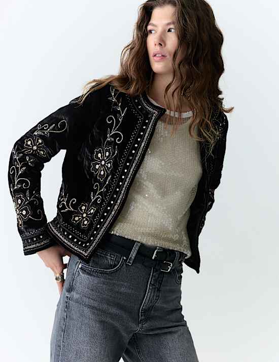 Velvet Embellished Collarless Jacket