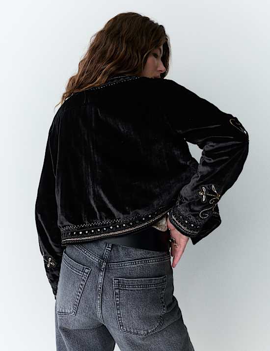 Velvet Embellished Collarless Jacket