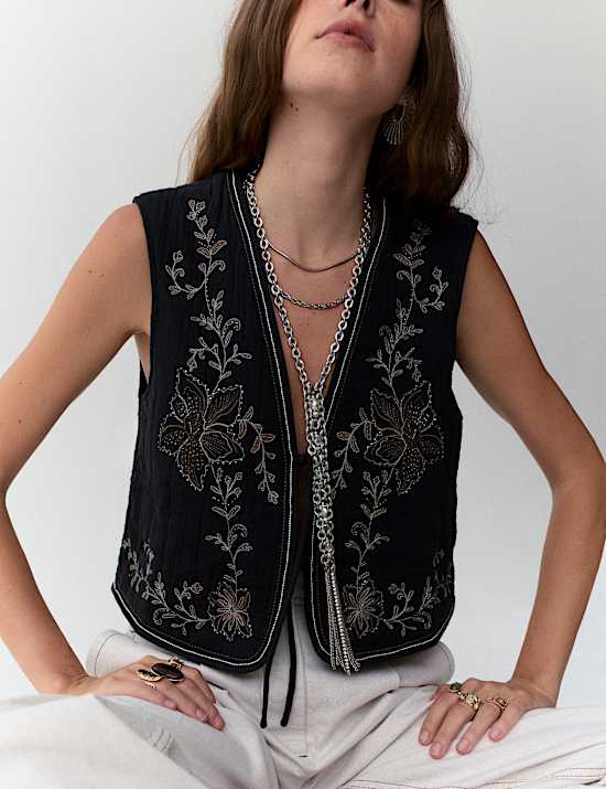 Pure Cotton Embellished Tie Front Gilet