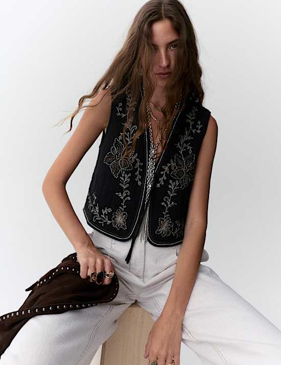 Pure Cotton Embellished Tie Front Gilet