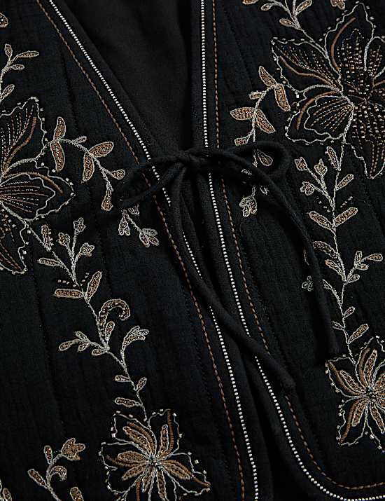 Pure Cotton Embellished Tie Front Gilet