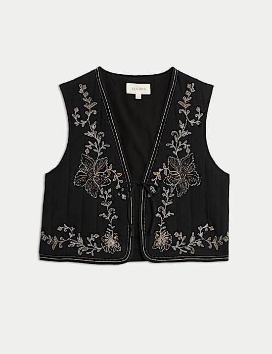 Pure Cotton Embellished Tie Front Gilet