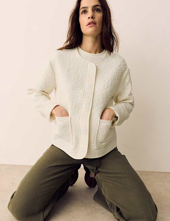 Cotton Blend Quilted Collarless Jacket