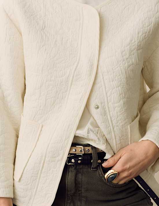 Cotton Blend Quilted Collarless Jacket