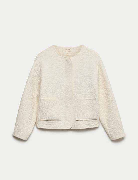 Cotton Blend Quilted Collarless Jacket