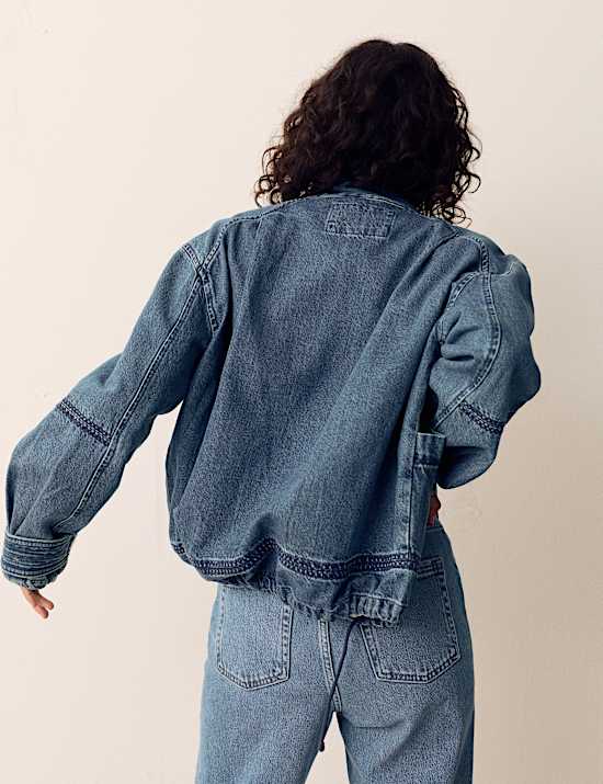 Denim Cross Stitch Casual Utility Jacket