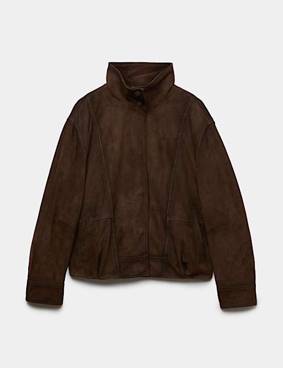 Veste en daim coupe courte &agrave; col chemin&eacute;e