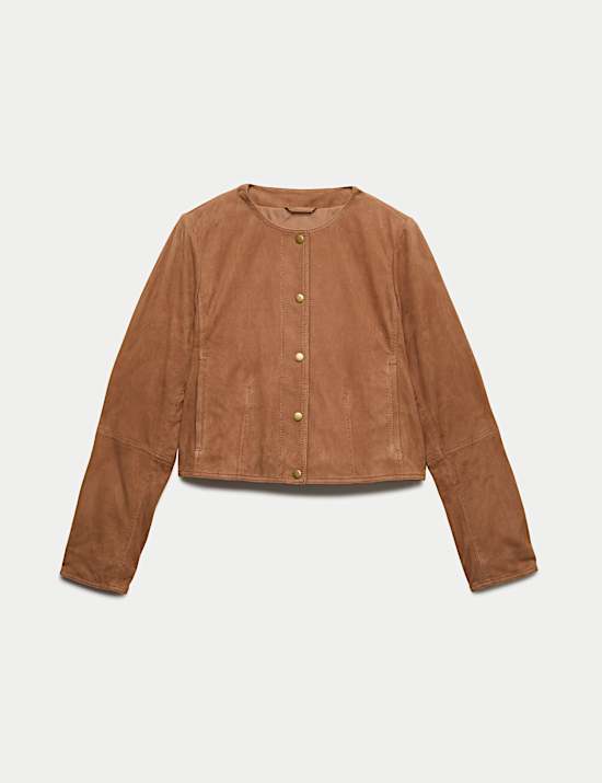 Suede Collarless Cropped Jacket