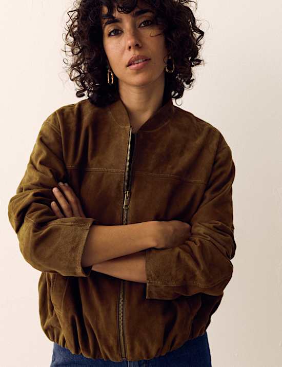 Suede Bubble Hem Relaxed Bomber Jacket