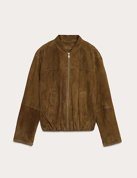 Suede Bubble Hem Relaxed Bomber Jacket