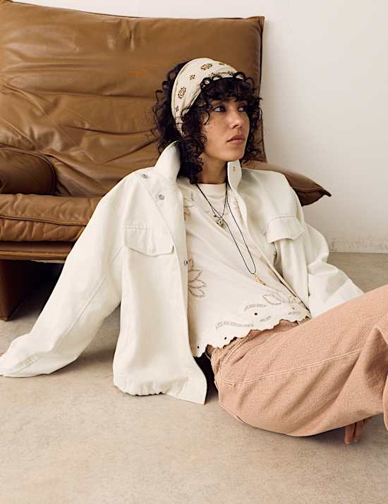 Cotton Blend Twill Cropped Utility Jacket