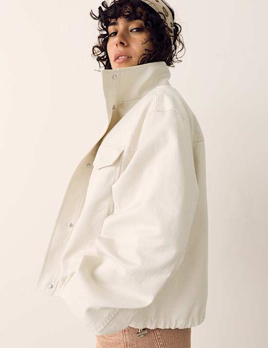 Cotton Blend Twill Cropped Utility Jacket