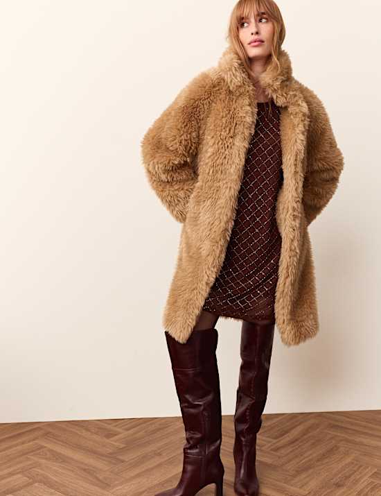Faux Fur Textured Funnel Neck Coat