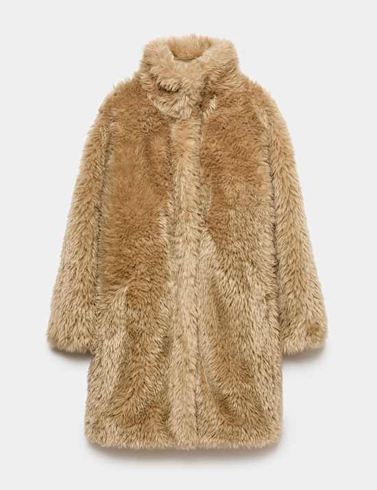 Faux Fur Textured Funnel Neck Coat