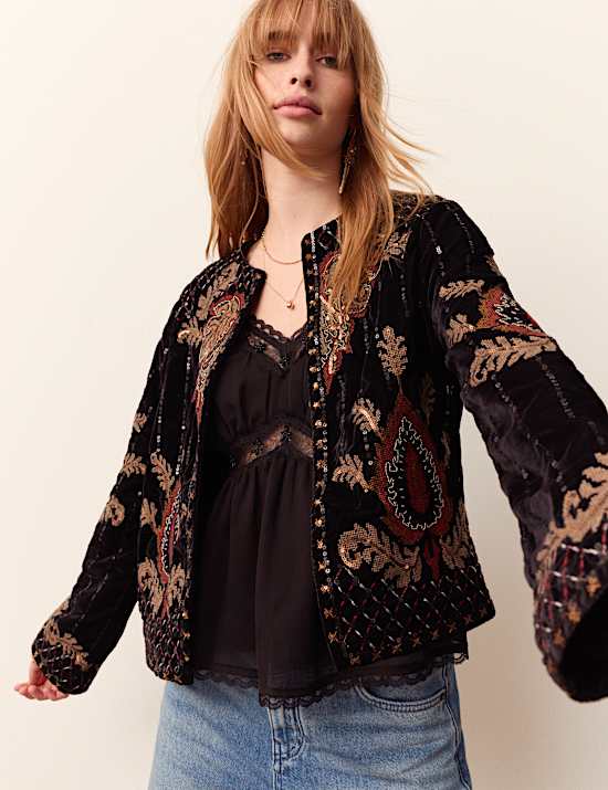 Velvet Embellished Crew Neck Short Jacket