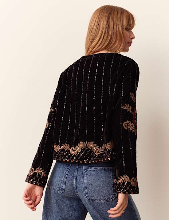 Velvet Embellished Crew Neck Short Jacket
