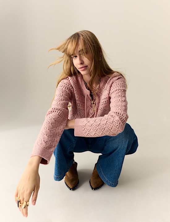 Cotton Blend Pointelle Tie Neck Jumper