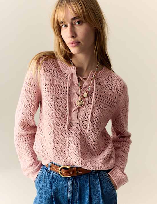 Cotton Blend Pointelle Tie Neck Jumper