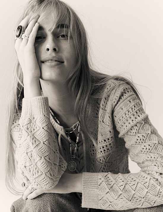 Cotton Blend Pointelle Tie Neck Jumper