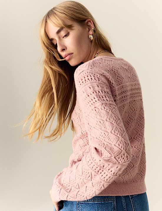 Cotton Blend Pointelle Tie Neck Jumper