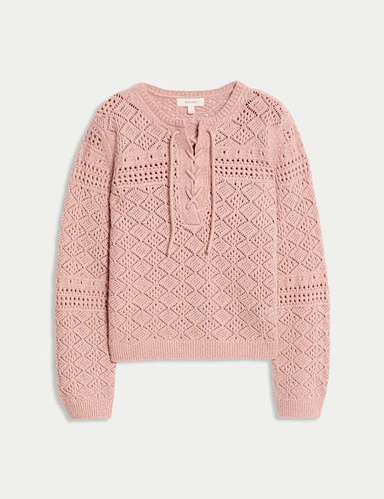 Cotton Blend Pointelle Tie Neck Jumper