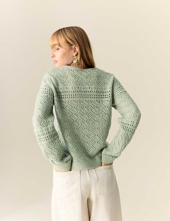 Cotton Blend Pointelle Tie Neck Jumper