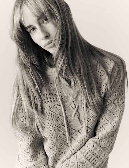 Cotton Blend Pointelle Tie Neck Jumper