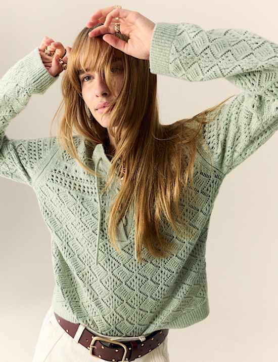 Cotton Blend Pointelle Tie Neck Jumper