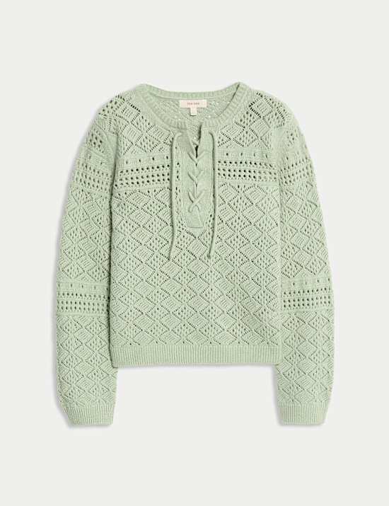 Cotton Blend Pointelle Tie Neck Jumper