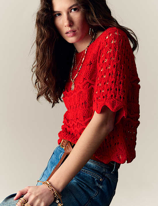 Cotton Blend Knitted Detail Top