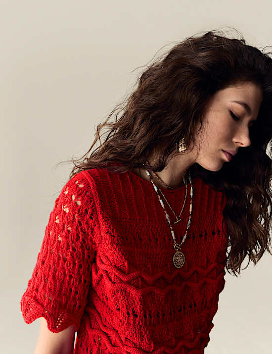 Cotton Blend Knitted Detail Top