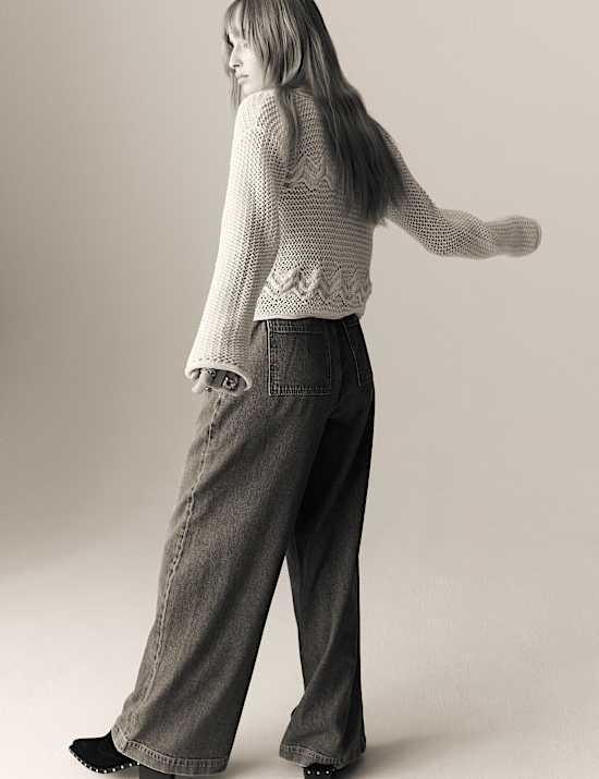 Cotton Rich Pointelle V-Neck Tie Front Relaxed Cardigan