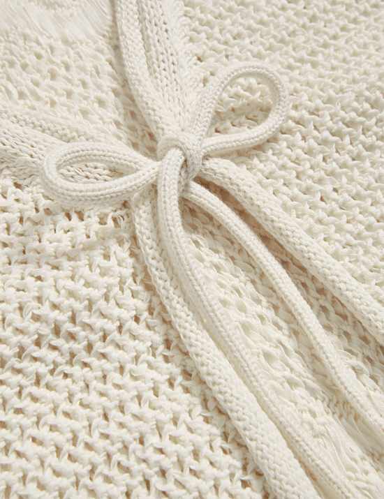 Cotton Rich Pointelle V-Neck Tie Front Relaxed Cardigan