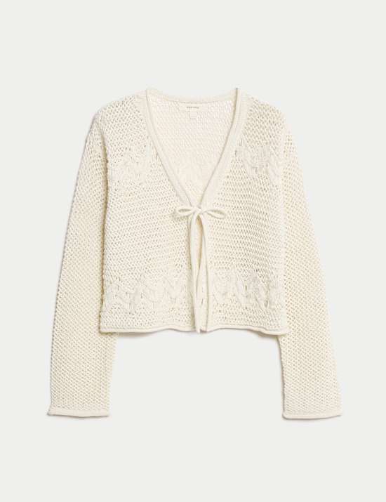 Cotton Rich Pointelle V-Neck Tie Front Relaxed Cardigan