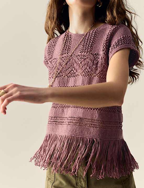 Cotton Rich Crew Neck Fringe Oversized Jumper