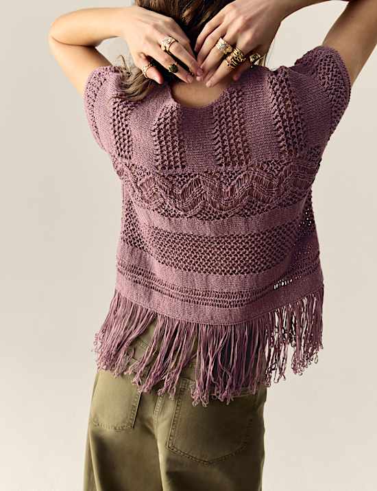 Cotton Rich Crew Neck Fringe Oversized Jumper