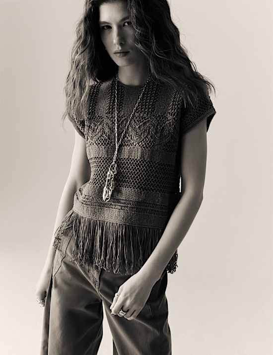 Cotton Rich Crew Neck Fringe Oversized Jumper