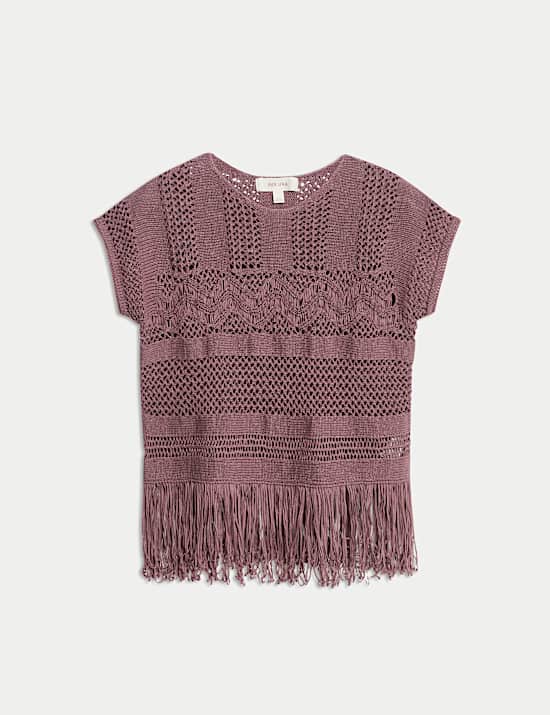Cotton Rich Crew Neck Fringe Oversized Jumper