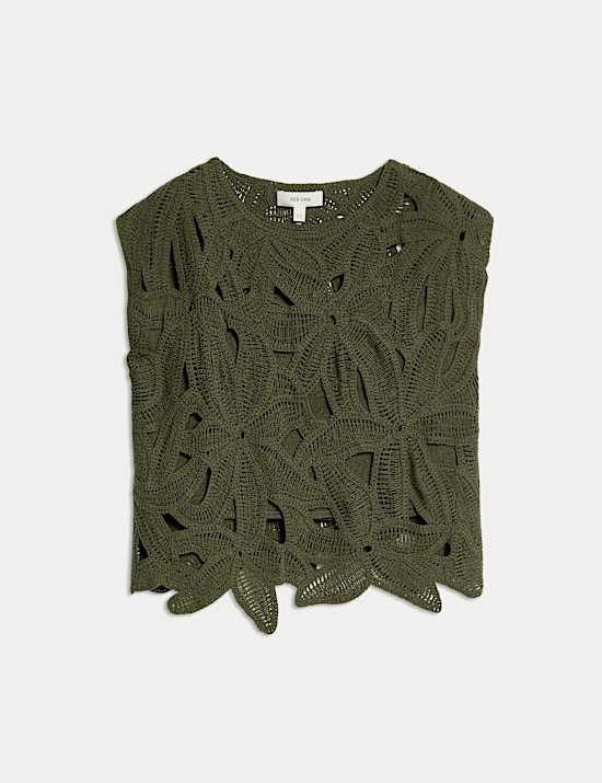 Top van pointelle met bloemendessin