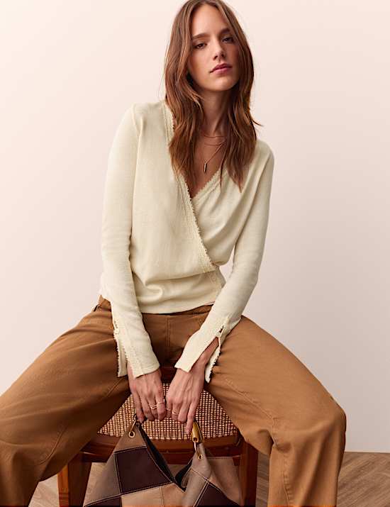 V-Neck Lace Trim Wrap Cardigan
