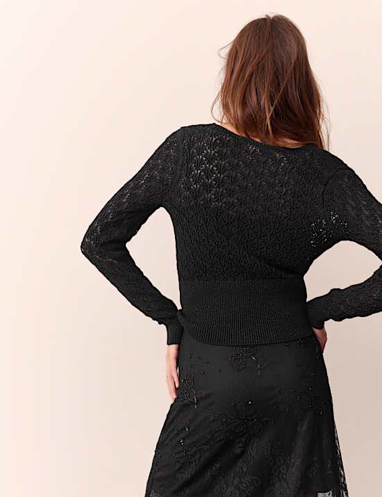 Cotton Blend Pointelle V Neck Cardigan