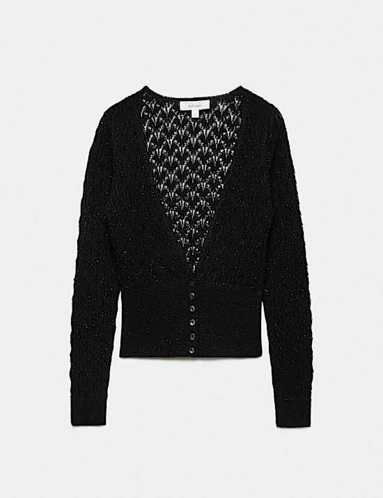 Cotton Blend Pointelle V Neck Cardigan