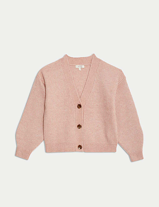 Textured Button Front Blouson Sleeve Cardigan