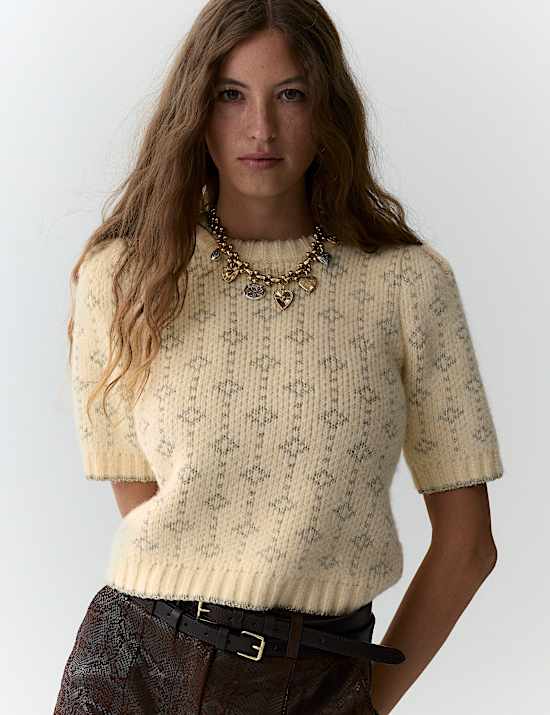 Metallic Geometric Jacquard Jumper with Wool