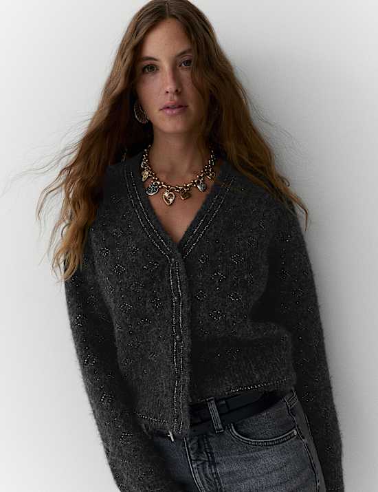 Lurex Jacquard V-Neck Cardigan with Wool