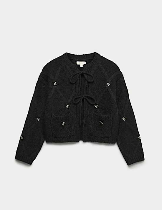 Crop ζακέτα με αλπακά, διακοσμημένη με στρας και δέσιμο μπροστά