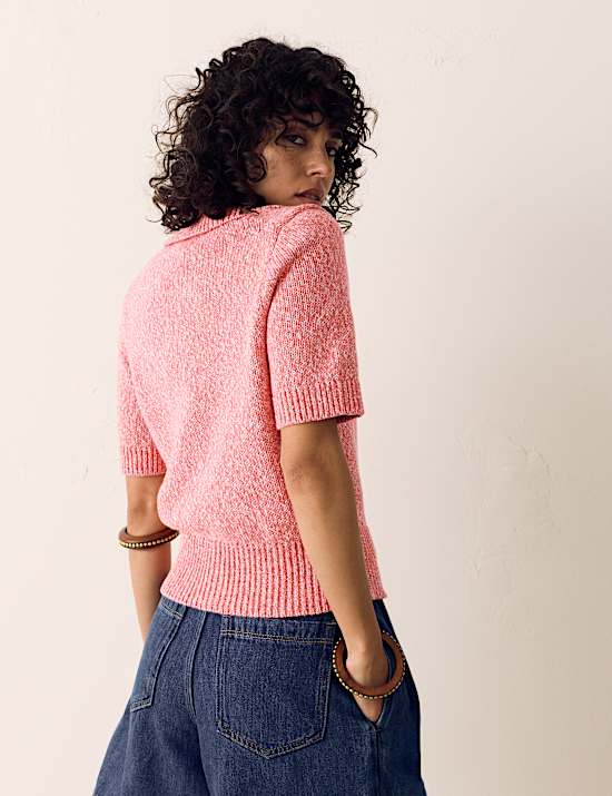 Pure Cotton Pointelle Polo Collar Zip Up Cardigan