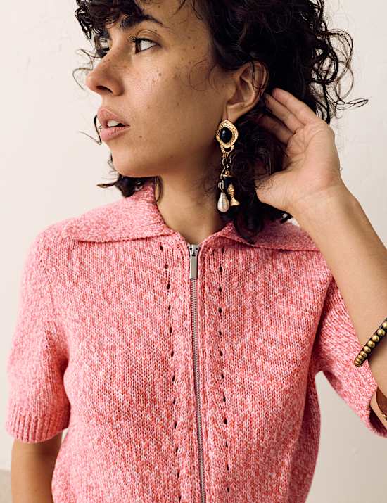 Pure Cotton Pointelle Polo Collar Zip Up Cardigan